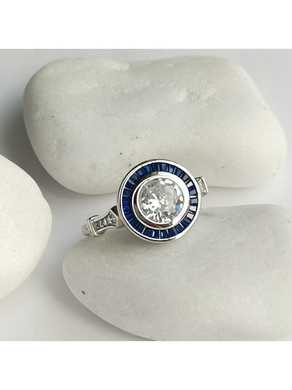 Art Deco White and Blue Sapphire Ring in Sterling Silver engagement